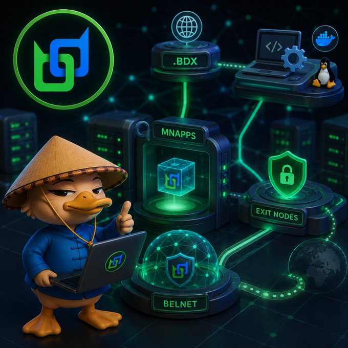 A digital illustration of a duck character wearing a conical hat and holding a laptop, surrounded by various tech elements labeled '.BDX', 'MNAPPS', 'EXIT NODES', and 'BELNET', along with a logo in the top left.