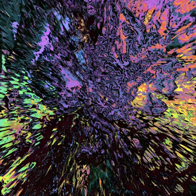 An abstract digital artwork featuring a chaotic explosion of vibrant colors—purple, green, yellow, and orange—radiating outward from a dark central point with wavy, distorted patterns.