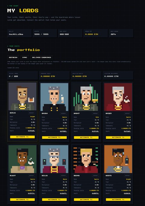A pixel-art crypto/NFT dashboard titled 'MY LORDS' featuring pixel character NFT collectibles ('The Portfolio') with stats like rank, multiplier, and yield, along with portfolio metrics and wallet balance of 401.29bn.
