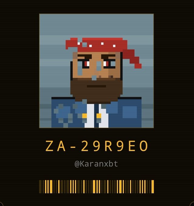 Pixel art avatar of a bearded pirate character wearing a red bandana and blue jacket, with the username '@Karanxbt' and code 'ZA-29R9E0' below, plus a barcode.