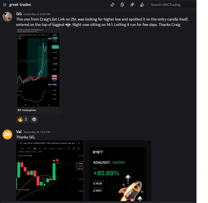 A Discord channel #great-trades showing screenshots of trading charts and profit results, including LINKUSDT and ADAUSDT contracts with significant gains like +85.69%.