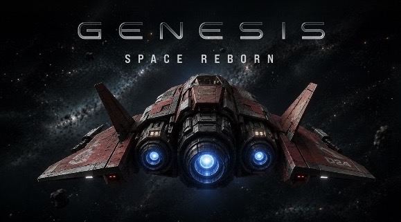 Promotional artwork for 'GENESIS SPACE REBORN' featuring a detailed red and gray sci-fi spacecraft with glowing blue thrusters against a starry galaxy background.