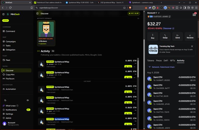 A screenshot of a browser displaying the MintDash dashboard for the SpriteHood Wisp token, showing an ETH price of $32.27 (-3.04%) and a list of recent minting activities by "SpriteHood Wisp" on the Robinhood Chain, supporting the "original spritehood?" post by displaying ongoing mint operations.
