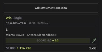 The image shows a betting slip for a single wager of 68,000 on the Atlanta Braves vs. Arizona Diamondbacks game, with a final score of 5:5 and an "Ask settlement question" option visible at the top. The accompanying post promotes Jupiter Discord, suggesting the user followed expert callers from the community who predicted this match correctly, illustrating the value of using their prediction service.