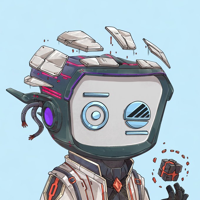 A digital illustration of a humanoid robot with a CRT-style monitor for a head, glowing purple accents, and exposed mechanical parts holding a small red crystal.