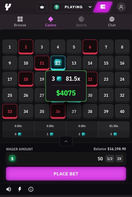 A screenshot of a Stake casino gaming interface showing a Mines game with a grid of numbered tiles (2, 6, 11, 12, 18, 22, 33, 36 highlighted in red/green), displaying a current payout of 81.5x and $4075 win on a $50 wager, with a balance of $16,198.90. The image illustrates the kind of gambling wins the poster is referencing when offering to tip users under their referral code who place wagers.