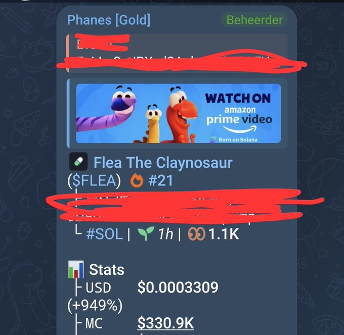 A screenshot of a Telegram-style crypto token card for "Flea The Claynosaur ($FLEA)" with a Solana meme coin theme, showing a price of $0.0003309, market cap of $330.9K, and a +949% gain, while mocking the coin as a worthless "shitcoin" launch typical of memecoin trenches despite its promotional milestones.