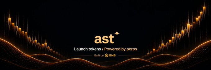 A promotional banner with orange candlestick graphics on a black background displaying 'ast - Launch tokens / Powered by perps, Built on BNB'.