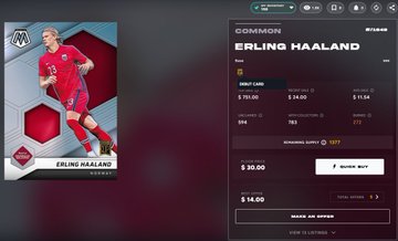A digital trading card interface for 'ERLING HAALAND' in a Norway kit, showing market data including a 'LOWEST ASKING' price of $5,000.00 and a 'WAITING FOR LISTING' prompt.