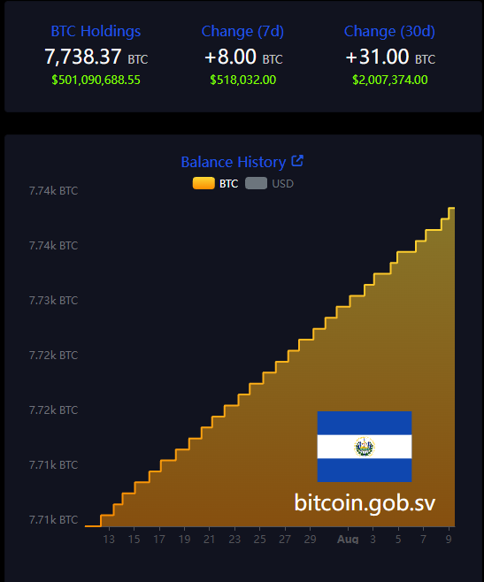 A Bitcoin holdings dashboard shows 7,738.37 BTC ($501,090,688.55) with a +8.00 BTC 7d change and +31.00 BTC 30d change, alongside a stepped balance history chart and the flag of El Salvador with the text "bitcoin.gob.sv".