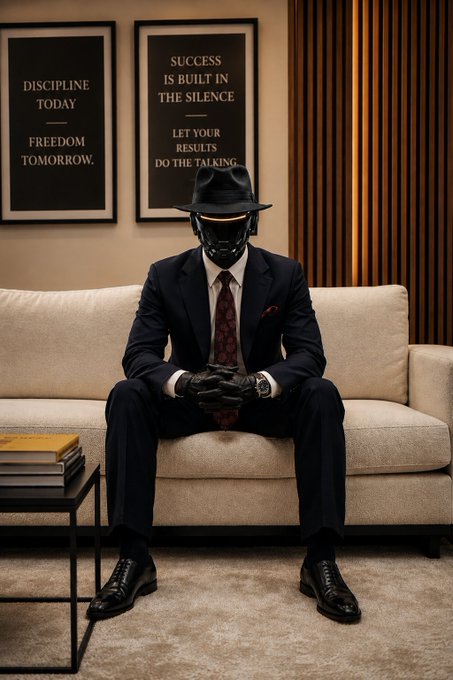 A figure in a dark suit, fedora, and futuristic black visor helmet sitting on a beige couch; framed wall art reads "DISCIPLINE TODAY FREEDOM TOMORROW" and "SUCCESS IS BUILT IN THE SILENCE LET YOUR RESULTS DO THE TALKING."