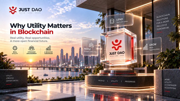 A promotional graphic for 'JUST DAO' with the headline 'Why Utility Matters in Blockchain,' featuring a futuristic glowing display with categories like 'LEND,' 'PEOPLE,' and 'GROW' against a city skyline at sunset.