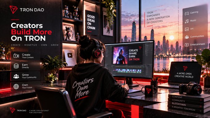 A promotional image for TRON DAO with the tagline 'Creators Build More On TRON', showing a person at a gaming/streaming setup with categories like Gaming, Music, Art, and Communities listed.