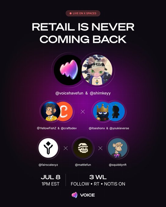 X Spaces live event announcement titled 'RETAIL IS NEVER COMING BACK' hosted by @voicehavefun & @shimkeyy, featuring speakers @YellowFishZ, @craftsdev, @ilteshonx, @youkievrse, @fairscalexyz, @mattiefun, and @squiddynft, on July 8 at 1PM EST with 3 whitelist spots.