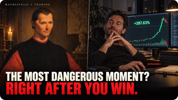 A promotional graphic titled 'MACHIAVELLI x TRADING' contrasts a Renaissance-era portrait of Machiavelli with a modern trader looking smugly at a +287.63% chart, captioned 'THE MOST DANGEROUS MOMENT? RIGHT AFTER YOU WIN.'