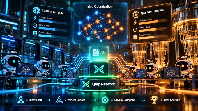 A futuristic digital illustration of the Quiip Network showing Ising Optimization comparing Classical Compute vs Quantum Compute across Solution Quality, Time to Solve, and Compute Cost, with a 4-step workflow: Submit Job, Miners Choose, Solve & Compare, Best Solution.