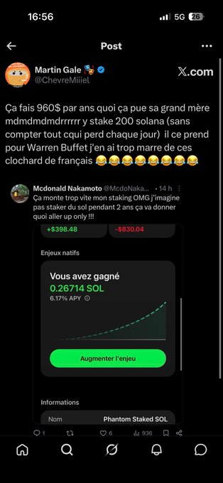 The image shows a screenshot of an X (formerly Twitter) post by Martin Gale (@ChevreMiel) mocking the French president with the caption showing his staked $SOL holdings of 0.26714 SOL (worth ~$398.48), referencing a quoted tweet by Mcdonald Nakamoto about staking on Phantom wallet. The post aggressively taunts "Warren Buffet" to reveal his own wallet, implying financial insecurity, which directly relates to the accompanying caption's challenge to "show us your wallet" at age 27.