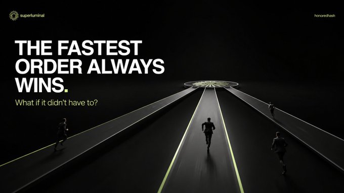 Marketing banner with the text 'THE FASTEST ORDER ALWAYS WINS. What if it didn't have to?' branded with 'superluminal' and 'honored hash' logos, depicting figures running down glowing tracks.