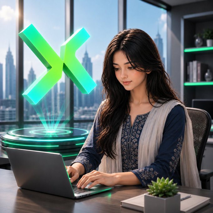 A digital rendering of a young woman with long dark hair in a blue traditional outfit working on a laptop in a modern office, with a glowing green 3D 'X' symbol floating next to her.