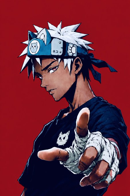 A digital illustration of a white-haired anime character with a cat-ear headband reaching toward the viewer against a red background.