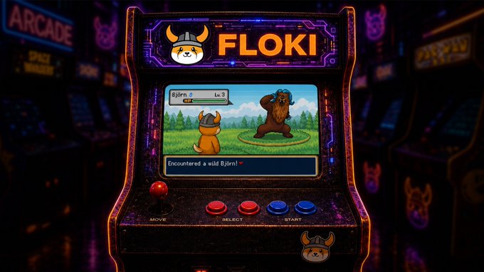 A retro-style arcade cabinet displaying a game titled 'FLOKI' featuring viking-themed dog characters, with text on screen reading 'Björn' Lv.3 and 'Encountered a wild Björn!'.