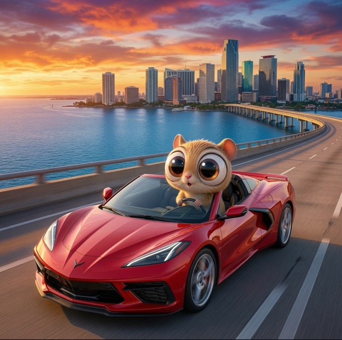 A 3D-rendered cartoon cat with large eyes driving a red sports car along a coastal highway with a city skyline and sunset in the background.
