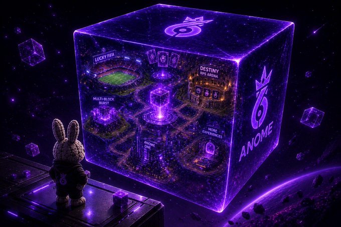 A digital artwork showing a glowing purple holographic cube labeled 'ANOME' displaying a virtual world with sections like 'LUCKY ERA', 'DESTINY RPS ARENA', and 'ANOME ONE', with a small bunny-like figure watching from below in a cosmic setting.
