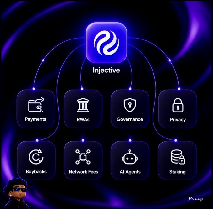 A promotional graphic for the Injective blockchain, displaying a central logo connected to feature categories including Payments, RWAs, Governance, Privacy, Buybacks, Network Fees, AI Agents, and Staking, with a 'Vinny' avatar in the corner.