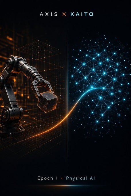 A dark, split-toned poster for 'AXIS X KAITO' featuring a robotic arm holding a cube on an orange-lit left side and a glowing blue neural network on the right, with the text 'Epoch 1 • Physical AI' at the bottom.