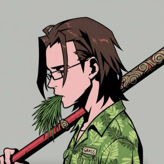 An anime-style illustration of a brown-haired character with a goatee, wearing a leafy green shirt with a 'GRASS' name tag, carrying a decorated staff and chewing on a bundle of green grass.