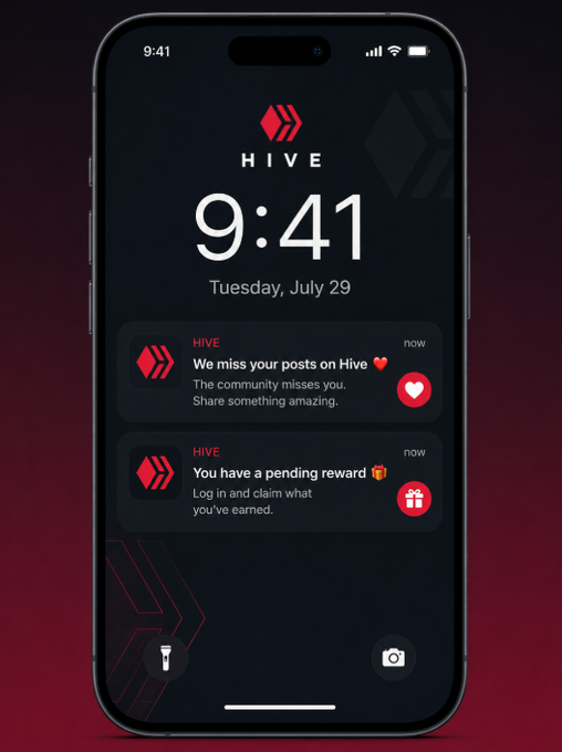 A smartphone lock screen mockup showing the HIVE app notification interface at 9:41 on Tuesday, July 29, with two notifications: 'We miss your posts on Hive' with a heart icon and 'You have a pending reward' with a gift icon.