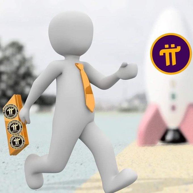 3D rendered white figure carrying a Pi cryptocurrency briefcase and wearing an orange tie, walking toward a rocket launch with the Pi coin logo displayed.