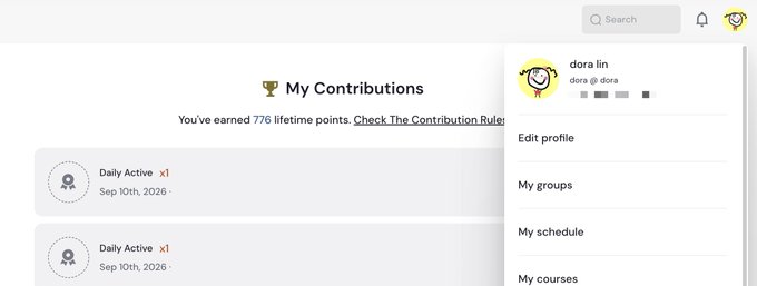 A screenshot of a user profile page shows 'My Contributions' with 776 lifetime points earned from 'Daily Active' activities on Sep 10th, 2026, with the user name 'dora lin' and handle 'dora' visible in the dropdown menu.