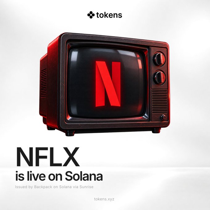 A vintage red retro television displays the Netflix "N" logo on its screen, with a "tokens" logo at the top and text below reading "NFLX is live on Solana, Issued by Backpack on Solana via Sunrise, tokens.xyz" — visually announcing the launch of the $NFLX token on Solana.