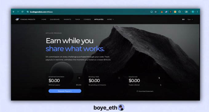A screenshot of the 'Funding Predicto' website homepage with the headline 'Earn while you share what works' and zeroed statistics ($0.00), credited to 'boye_eth'.