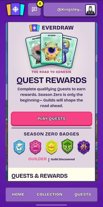 A mobile app screen for 'EVERDRAW' showing 'QUEST ROUND' with 'THE ROAD TO GENESIS' text, a 'PLAY QUESTS' button, and Season Zero badges for 'GUILDER | Guild Discovered'.