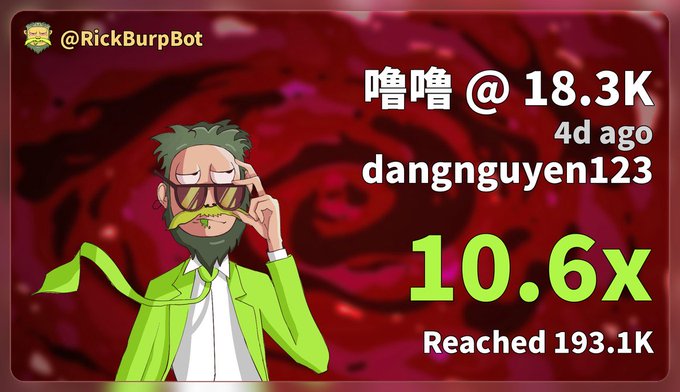 A graphic for @RickBurpBot showing an anime-style bearded character in a green suit against a red rose background, advertising that user @dangnguyen123's tweet reached 193.1K, which is 10.6x their original 18.3K views.