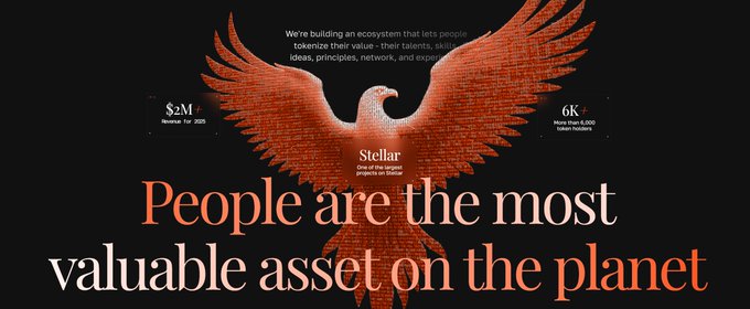 A Stellar blockchain promotional graphic features a large orange eagle and highlights key metrics: a market cap of $2M for XLM and 6K SSLX holders, alongside the tagline "People are the most valuable asset on the planet" and a description of Stellar as "a platform that helps projects on Stellar."

The image showcases the Stellar ecosystem, which relates to the post discussing SSLX staking options and current APR rates (9.5% for 90 days, 14.5% for 180 days, and 19% for 360 days) available after the Ukraine campaign ended.