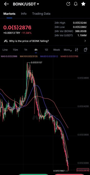 Trading chart for BONK/USDT showing a sharp price decline of -11.04%, with a 24h high of 0.0(5)3244 and low of 0.0(5)2862.