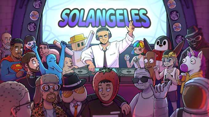 The image features a vibrant cartoon-style illustration of a DJ wearing headphones behind turntables, with the word "SOLANGELES" displayed prominently in bold blue letters above him, surrounded by a diverse crowd of characters including someone in a tomato costume, a dog, and various partygoers. The artwork complements the post's celebration of "Sol Angeles" as the ultimate party destination, with the eclectic mix of colorful characters representing the wild and varied crowd you might find partying there.