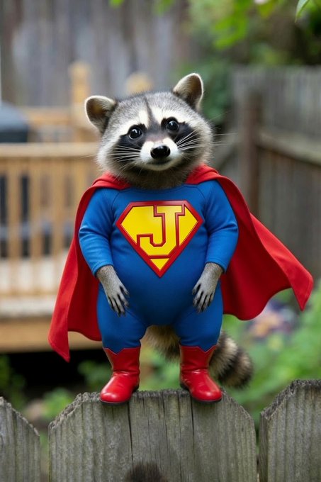 A raccoon dressed in a blue Superman costume with a red cape and a 'JT' shield on its chest stands on a wooden fence post in a backyard setting.