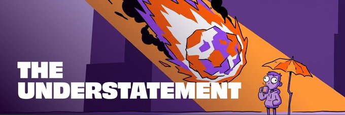 A cartoon-style banner reading "THE UNDERSTATEMENT" shows a flaming meteor crashing toward a stunned character holding an umbrella and coffee, visually mirroring the post's ironic understatement about the UST stablecoin depeg—portraying the catastrophic event as far worse than a casual "temporary depeg" while the mint/burn mechanism and arbitrage seemingly failed to restore the peg.