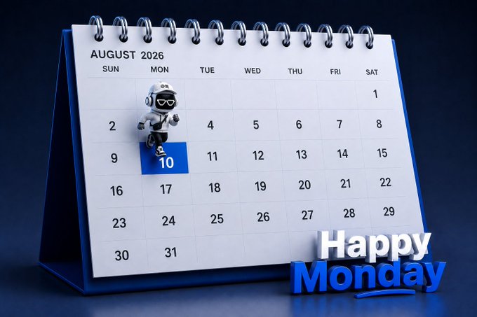 A 3D-rendered spiral desk calendar displays August 2026 with Monday the 10th highlighted in blue and a small astronaut/robot mascot standing on it, accompanied by "Happy Monday" text in the corner. The image visually reinforces the post's message of a fresh new week on August 10th, using the cheerful mascot and highlighted date to convey an upbeat bullish sentiment.