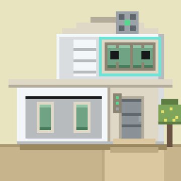 A pixel art illustration shows a two-story gray house with teal-lit windows, a small door, and a potted plant beside it, against a sandy background. The post connects to the image by playfully suggesting this blocky, onchain-style house represents a crypto/NFT "degen" minting digital real estate.