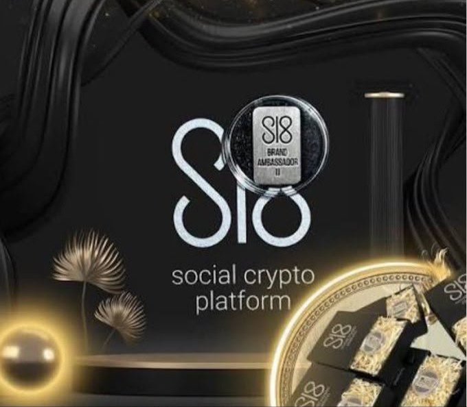 The image displays "S18 - social crypto platform" with a "Brand Ambassador II" badge, surrounded by gold coins and decorative elements, visually representing the multi-functional crypto ecosystem described in the post.