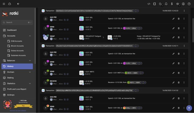 A screenshot of the Rotki app's transaction history page displays various Solana (SOL) transactions on August 16, 2025, including gas fees, token sends, and a swap of 993,429.87 Fartgrot for 0.10 SOL with a 0.01 SOL fee, illustrating the platform's support for non-EVM chains like Solana.