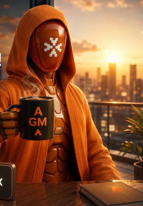 A hooded, futuristic robotic figure with a pixelated face emblem enjoys a steaming "AGM" mug on a balcony overlooking a golden cityscape at sunset, while a device labeled "The ARC Terminal" sits nearby—visually reinforcing the post's theme of discreet, verifiable AI activity through $ARC's private terminal technology.