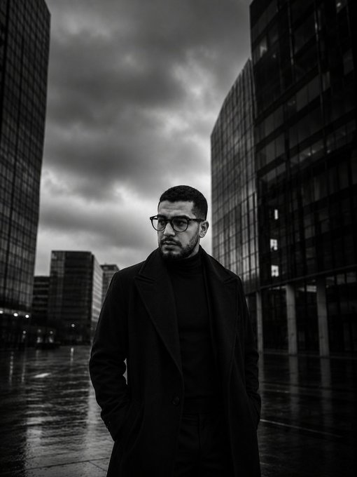 A stylish man in a black coat and glasses stands in a moody, rain-soaked urban plaza between towering glass skyscrapers under a dramatic stormy sky—capturing the sleek, anonymous aesthetic that complements the "first IRL drop" vibe.