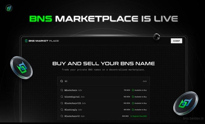 A promotional graphic announcing 'BNS MARKETPLACE IS UP' with a dark theme, displaying a search interface for buying and selling BNS names with options like 'blockchain.bdx' available for purchase.