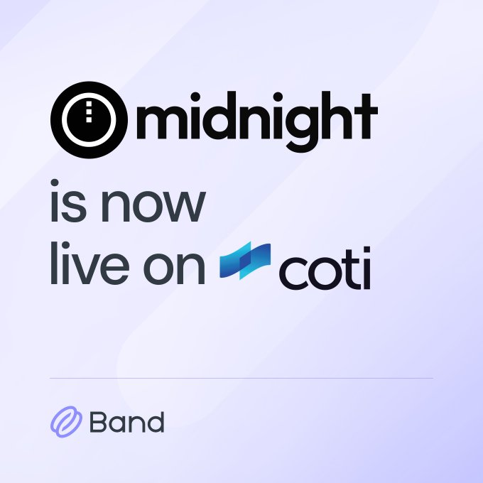 An announcement graphic stating "midnight is now live on coti" alongside the Band logo, promoting the availability of Band's Price Feed for the $NIGHT token on the COTI network for building privacy-first dApps.